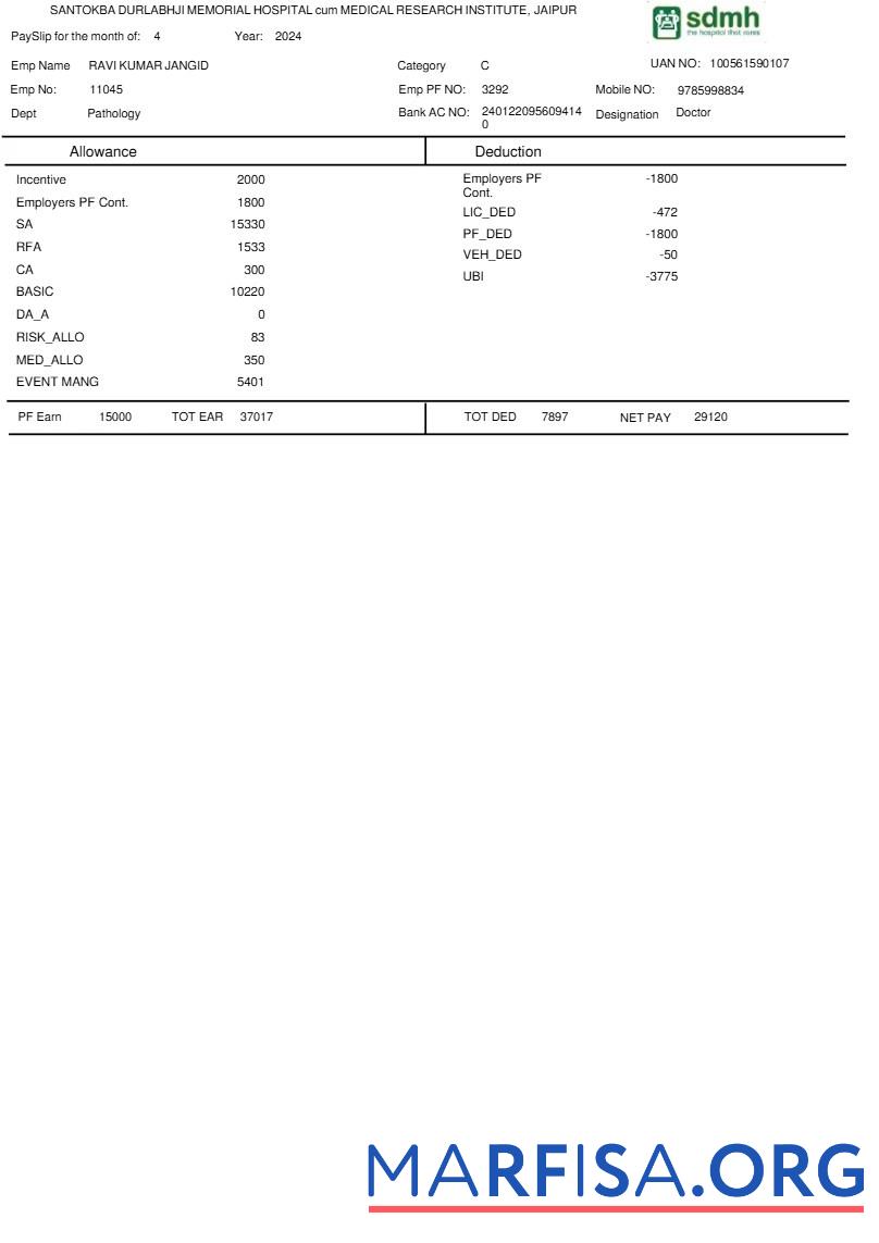 Printable Santokba Durlabhji Memorial Hospital payslip sample